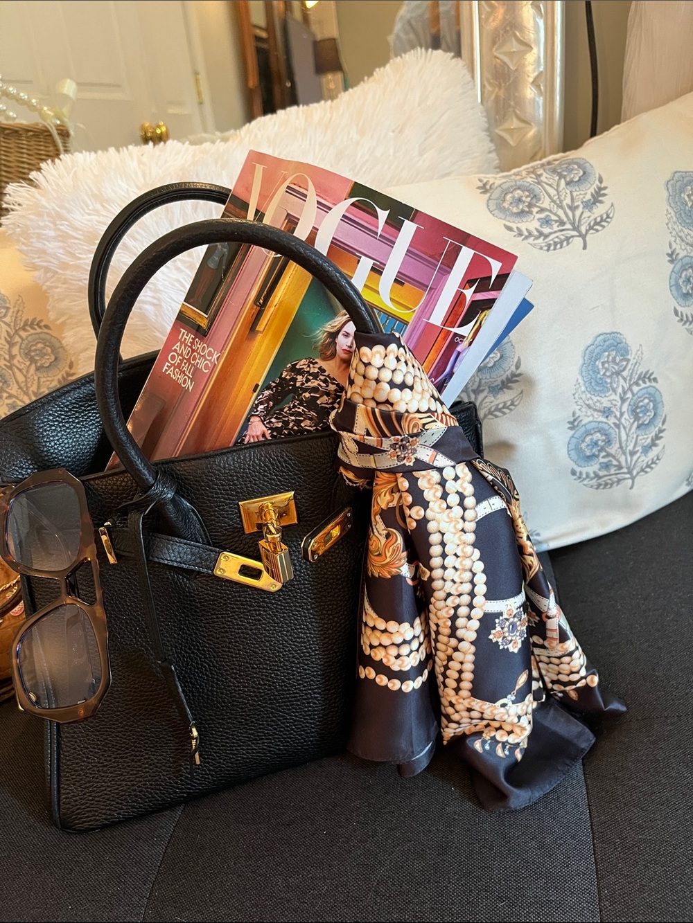 Classic Black Leather Tote Bag with Gold Hardware